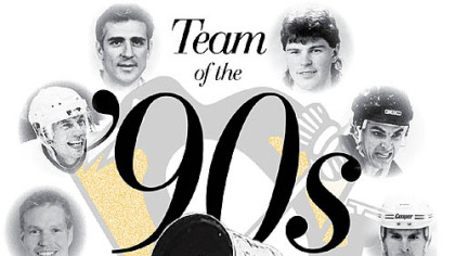 Clockwise from bottom, Mario Lemieux with the first Cup in 1991, Larry Murphy, Ulf Samuelsson, Ron Francis, Jaromir Jagr, Kevin Stevens and Bob Errey. INSET: Darius Kasparaitis.