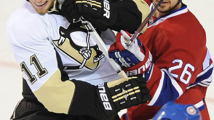 Penguins forward Jordan Staal battles for position against Canadiens defenseman Josh Gorges during Thursday's Game 4 at the Bell Centre in Montreal.
