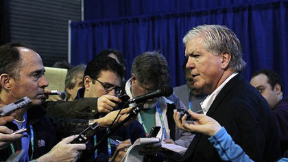 U.S. general manager Brian Burke speaks to about 50 reporters Monday at Canada Hockey Place.