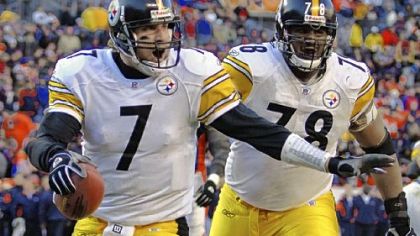 Pittsburgh Steelers quarterback Ben Roethlisberger celebrates after diving into the endzone scoring a 4 yard touchdown in the 4th quarter beating the Broncos 34-17 in Denver to adnvance to Super Bowl XL.