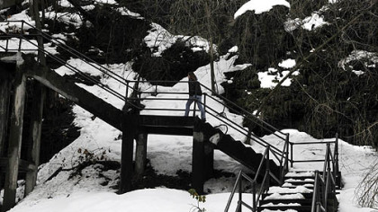 A woman walks up the steps to the South Side Slopes off of S. 18th Street Monday.