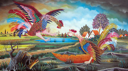 This scene of a confrontation between two roosters is by Pavel Hajko, who often features roosters in his work.