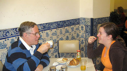 Travel editor Bill Reed, left, and daughter Rebecca relax in Lisbon's Casa Pasteis de Belém in Portugal.