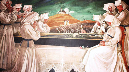 "The Croatian Mother Raises Her Sons for War," an image from Maxo Vanka's murals at St. Nicholas Croatian Catholic Church in Millvale.