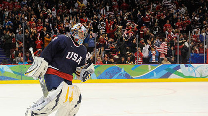 U.S. goaltender Ryan Miller celebrates his 19-save shutout of Switzerland Wednesday.