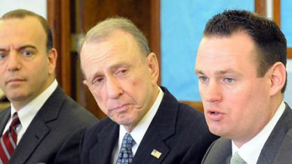 Pittsburgh Mayor Luke Ravenstahl, right, talks about the redevelopment of the Lower Hill District. Also present were Allegheny County Executive Dan Onorato, left, and U.S. Sen. Arlen Specter.
