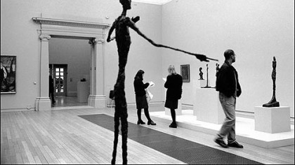 "Art in Our Lives: Giacometti Points the Way, Tate Gallery, London," 2003, is a black-and-white inkjet photo by William D. Wade that is part of the Silver Eye Gallery's sixth annual auction.