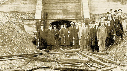 NOV. 1, 1911. At the mouth of an experimental mine in the South Hills the day after the initial blast.