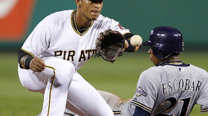 Pirates shortstop Ronnie Cedeno takes the throw from catcher Erik Kratz as the Brewers' Alcides Escobar attempts to steal second in the seventh inning. Escobar couldn''t hold the bag and was tagged out on the play.