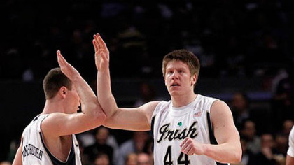 Notre Dame's Luke Harangody, right, celebrates with teammate Ben Hansbrough during last night's 68-56 win against Seton Hall in the second round of Big East Tournament at Madison Square Garden in New York, Wednesday.