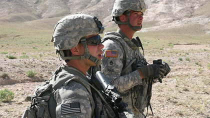 Sgt. Bryan A. Hoover, left, and Sgt. Robert J. Fike patrol in the Shajoy District of Zabul Province, Afghanistan. Both men died in a suicide bomb attack.