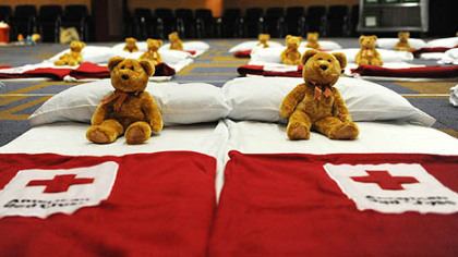 Cots line an auditorium in Children's Hospital of Pittsburgh of UPMC in Lawrenceville in preparation for the arrival of the Haitian ophans.