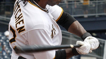 The Pirates' Andrew McCutchen flies out to Cubs left fielder Alfonso Soriano with bases loaded in the fifth inning.