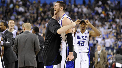 Duke's Brian Zoubek celebrates after defeating Butler.