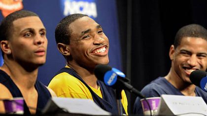 West Virginia's Joe Mazzulla, Kevin Jones and Wellington Smith talk to reporters yesterday in preparation for their Final Four game tonight against Duke.