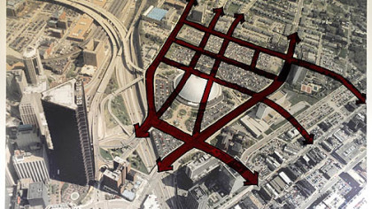 An overlay of the former street grid of the Mellon Arena site, which sits in the Lower Hill District.