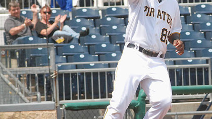Lastings Milledge scores the Pirates' only run June 7, 2010 in the bottom of the seventh inning.