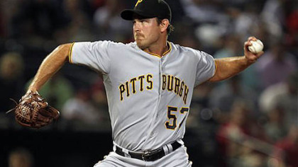 Pirates starter Zach Duke works in the first inning of a baseball game against the Atlanta Braves.