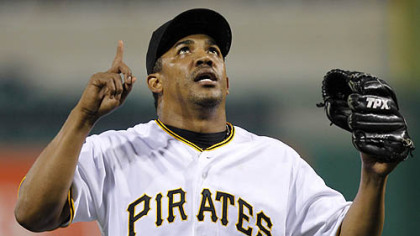 Pirates closer Octavio Dotel celebrates after getting the third out of the ninth inning.