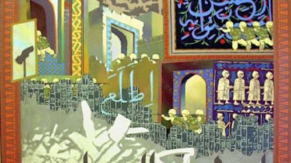 "The Keystone Cops Bring The New World to the Cradle of Civilization," a critique of Middle East wars by Lee Forrest, is one of two paintings by the artist in the AAP Annual.