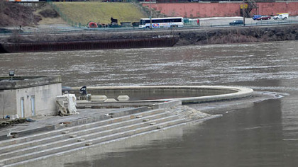 The Point in Downtown Pittsburgh on Saturday flooded after melting snow, left from the region?s all-time highest monthly snowfall in February, combined with weekend rain.