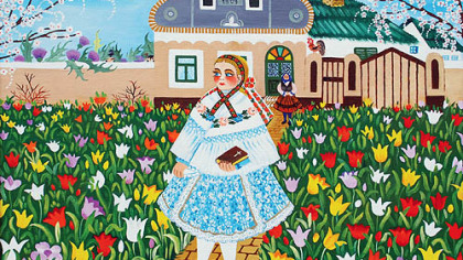 A young woman stands in a field of flowers and holds a Bible. The artist is Eva Husarikova, whose work often features children in accurately detailed ethnic dress.
