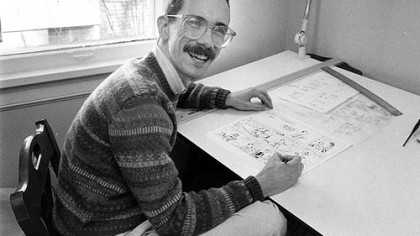 Bill Watterson works on his cartoon strip "Calvin and Hobbes" in 1986. The artist  completely vanished from the public eye when he ended the popular strip in 1995. Nevin Martell will discuss his book about Mr. Watterson at the ToonSeum on Saturday.
