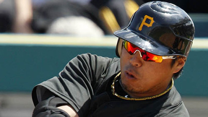 Pirates second baseman Aki Iwamura singles off Astros pitcher Brandon Lyon in the fifth inning.