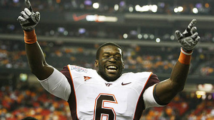 Virginia Tech's Jason Worilds -- whom the Steelers selected in the second round of the NFL Draft -- celebrates with the crowd in the final moments of the fourth quarter of the NCAA college Chick-fil-A Bowl football against Tennessee Dec. 31 in Atlanta. Virginia Tech won 37-14.