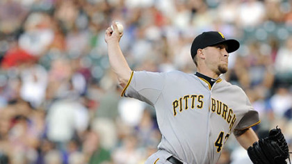 Pirates pitcher Sean Gallagher throws after pitcher Ross Ohlendorf left the game after being struck by a line drive hit by the Rockies' Troy Tulowitzki in the first inning of Wednesday's game at Coors Field in Denver.