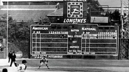 Bill Mazeroski swings for the fence to win the World Series.