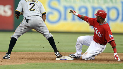 The Rangers' Julio Borbon advances to second base on a hit by teammate Elvis Andrus in the second inning as Pirates shortstop Bobby Crosby looks on.