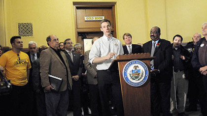 Sam Williamson, of Workers United, speaks Wednesday at a rally at the Allegheny County Courthouse to show support for a proposed Allegheny County ordinance to require any future projects built with county assistance to pay workers a prevailing wage.