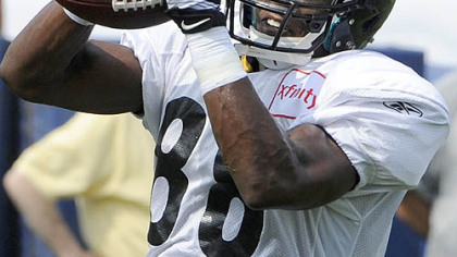 Steelers wide receiver Emmanuel Sanders pulls in a pass at training camp at St. Vincent College in Latrobe Wednesday.