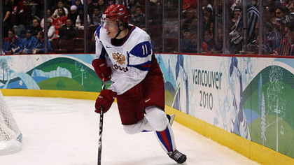 Evgeni Malkin skates with the puck during Russia's 2-1 loss to Slovakia Thursday.