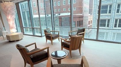 The lounge area of the fitness center in the Fairmont Hotel on Market Street in Downtown Pittsburgh.