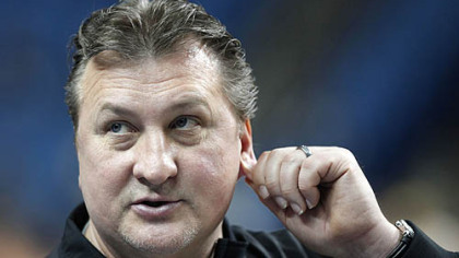 West Virginia coach Bob Huggins looks on during a practice in Buffalo, N.Y., Thursday, March 18, 2010.