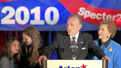 Sen. Arlen Specter, D-Pa., concedes the primary race, addressing supporters gathered in Philadelphia last night. At Specter's side is his wife Joan, right, and granddaughters Perri Specter, left and Silvi Specter.