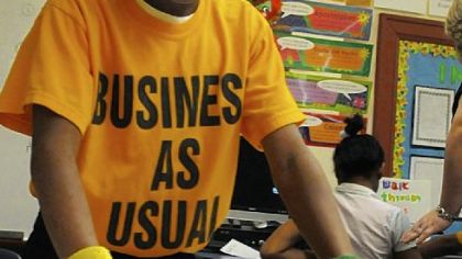 Sixth-grader Bruce Arnold goes about his business while he works on synonyms and antonyms with his class at the Propel School in McKeesport.