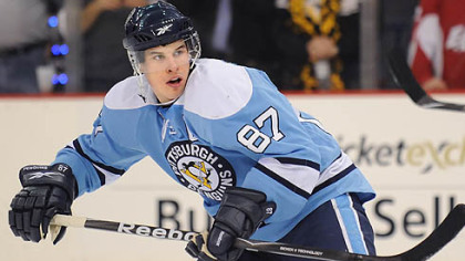 Penguins Sidney Crosby skates up ice.