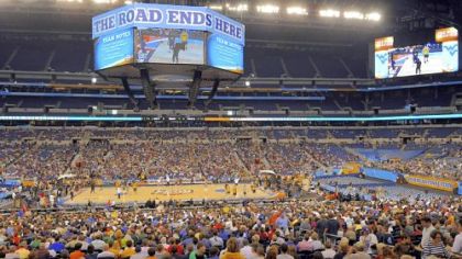 West Virginia practices at Lucas Oil Stadium in Indianapolis yesterday in preparation for their Final Four game against Duke.