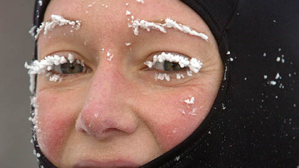 Lisa Chilcote, of Oakmont, made a frosty finish Sunday in the Frigid 5-Miler run in North Park. The temperature was 11 degrees when the runners pushed off. She said her eyelashes began to freeze one mile into the race. Proceeds benefited the Light of Life Ministries on the North Side.