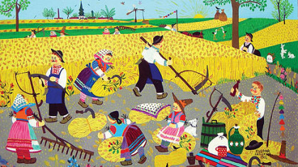Workers till the soil in this work by Zuzana Chalupova, who  laid down her needle and thread and started painting at the age of 40. UNICEF has reproduced her work in greeting cards. She is also known as "Mama Zuzana."