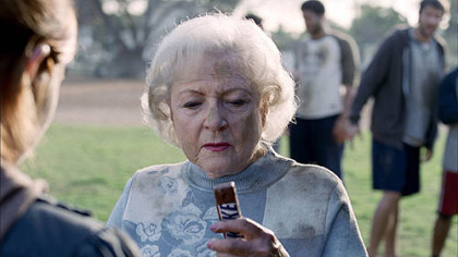 This image provided by Snickers shows part of a television ad featuring actress Betty White scheduled to air during the 2010 Super Bowl.