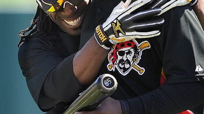 Pirates outfielders Andrew McCutchen (left) and Lastings Milledge.
