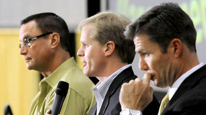 Left to right, manager John Russell, general manager Neal Huntington, president Frank Coonelly.