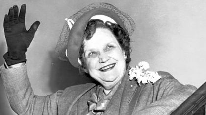 Perle Mesta waves as she arrives in New York City aboard the Cunard ocean liner Queen Mary in 1950. "Call Her Madam," a documentary about her, will be shown at 2 p.m. Sunday in Homewood Cemetery's main administration building.