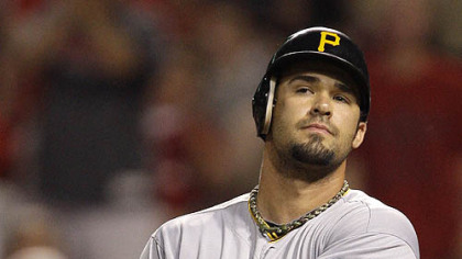 The Pirates' Garrett Jones flips his bat after being struck out by Reds reliever Daniel Ray Herrera with the bases loaded to end the eighth inning Wednesday at Great American Ball Park.