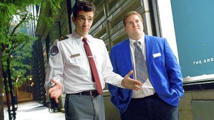 Jay Baruchel as Kirk, left, and Nate Torrence as Devon are former high school buddies who work as TSA agents in the comedy "She's Out of My League."