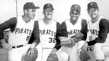 This quartet of veteran Pirates took part in the 1960 World Series in which the Bucs beat the New York Yankees in seven games. From left are Bill Mazeroski, Vernon Law, Roberto Clemente and Elroy Face in March 1967.